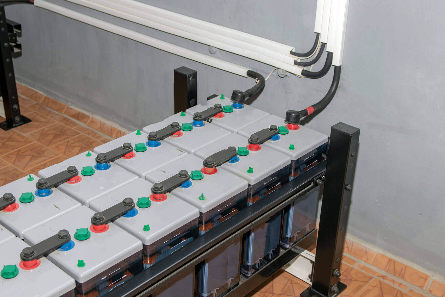 Home solar battery storage bank installed in a utility room
